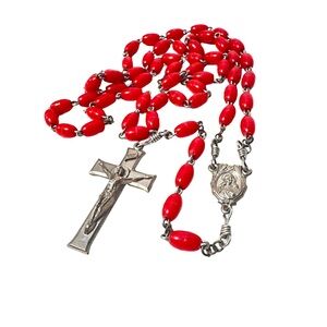 Vintage Rosary Red Oval Plastic Prayer Beads Silver Color Base Metal Jesus Cross
